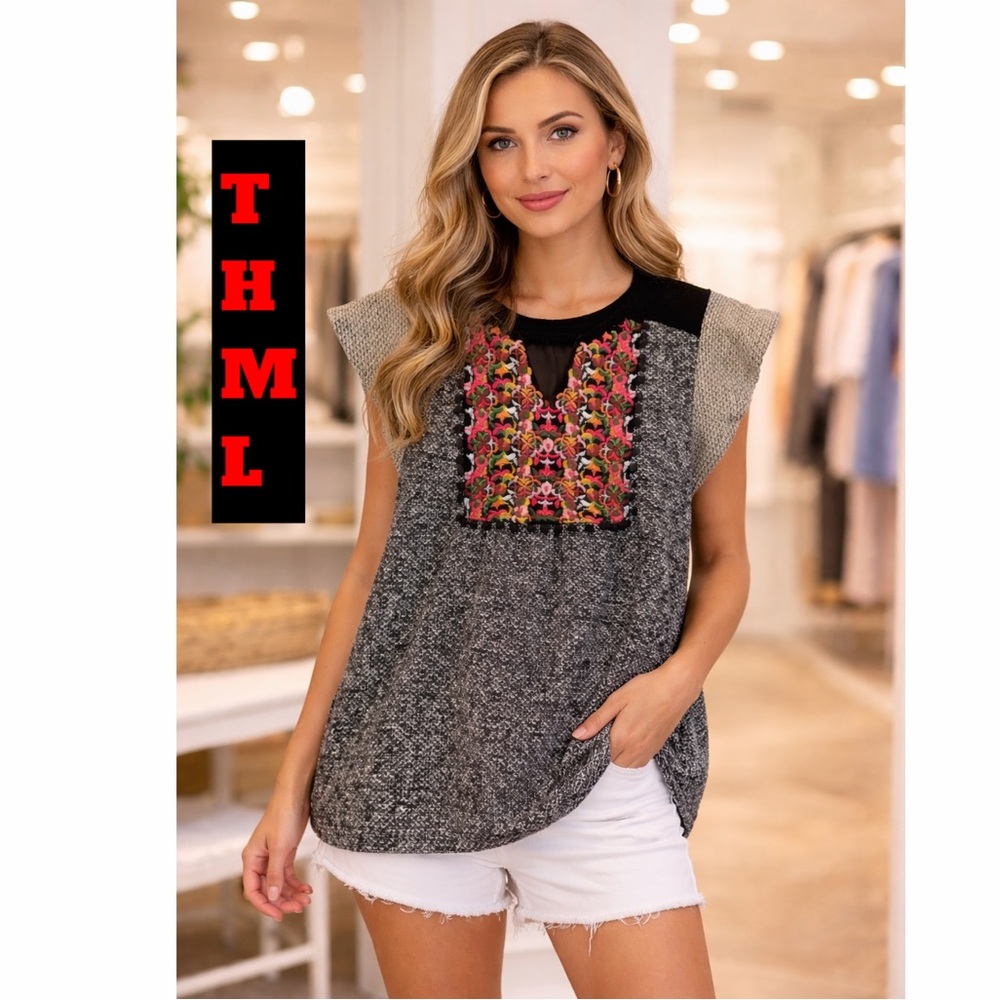 LUXE THML Tweed Embroidered Gold Threading On Sleeves Velvet Shoulder Top